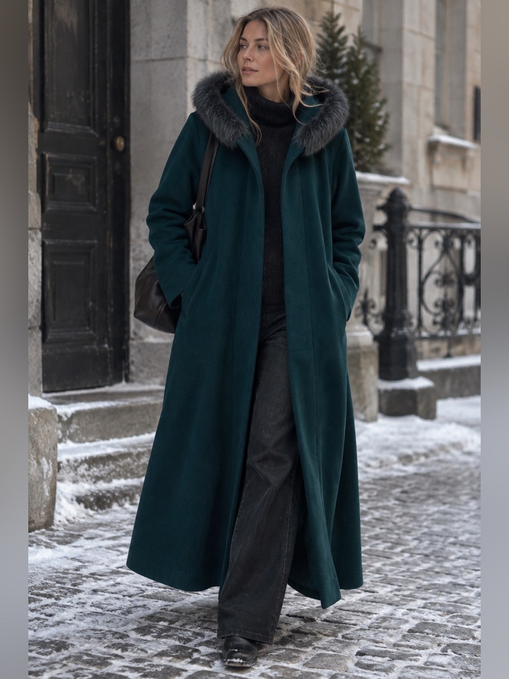 Vintage Donnybrook 100% Wool Teal Rabbit Fur Hooded Long Winter Coat
